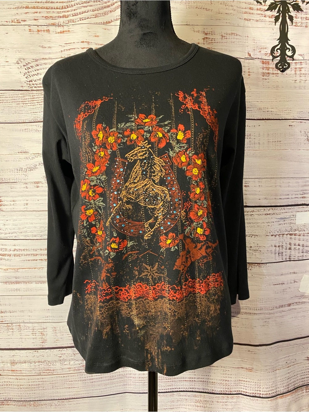 Women's Black Floral Rodeo Graphic Long-Sleeve Tee Sz-2XL